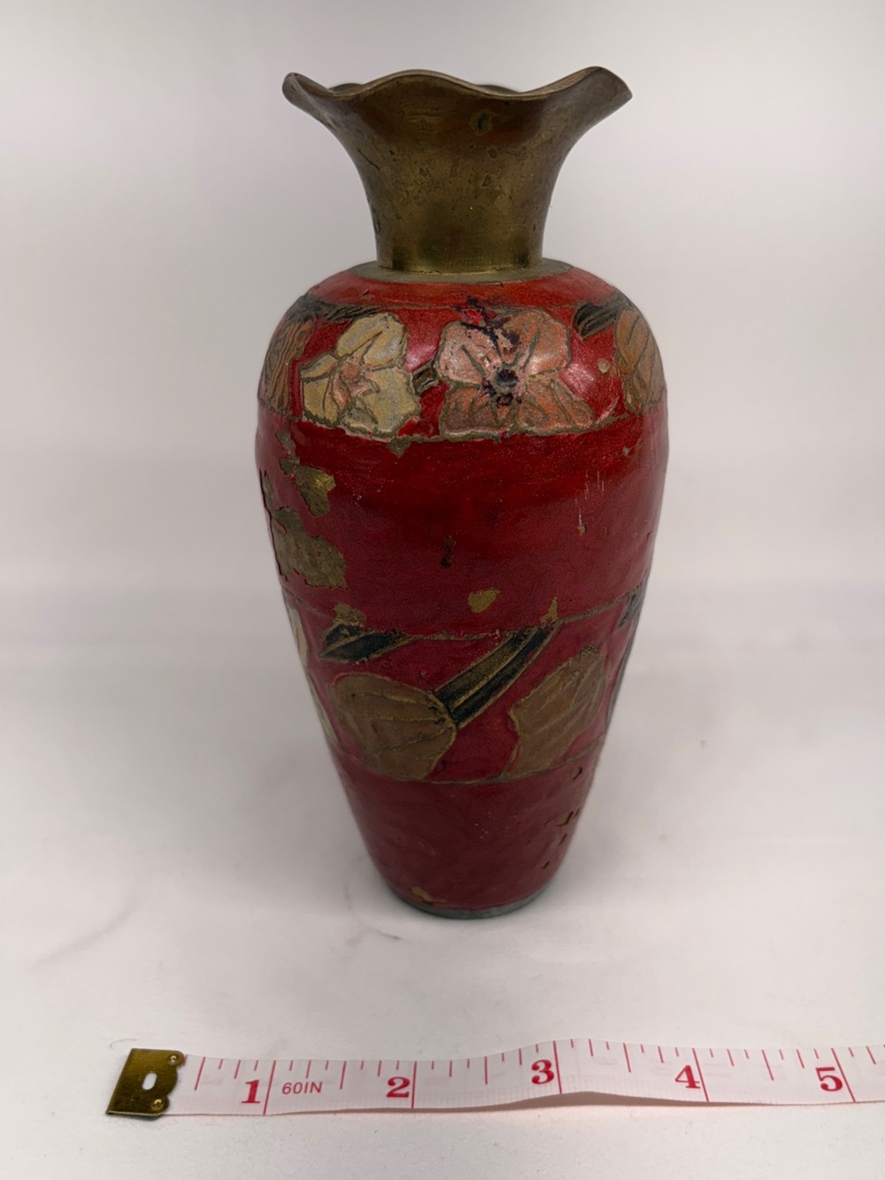 Vintage Etched Brass Enamel Vase Red Boho Coastal Floral Fluted Rim